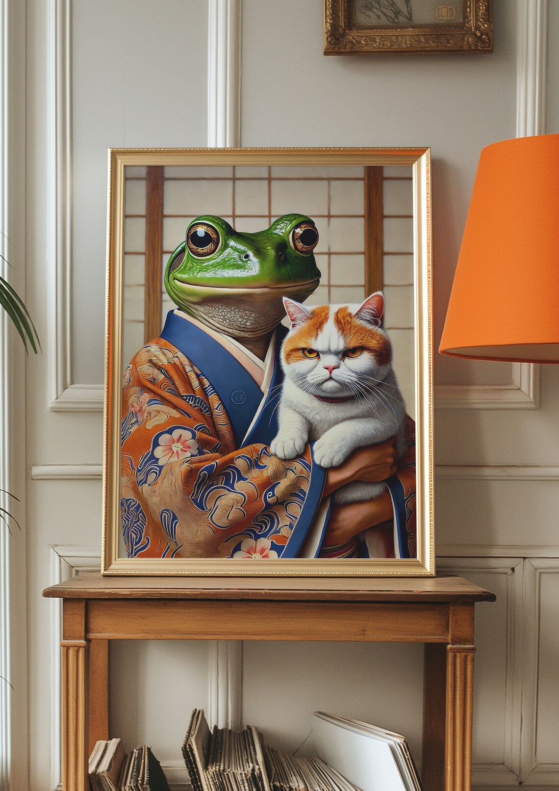 Smiling Frog in Japanese Kimono Holding Grumpy Orange Cat Funny Animal Poster - Image 3