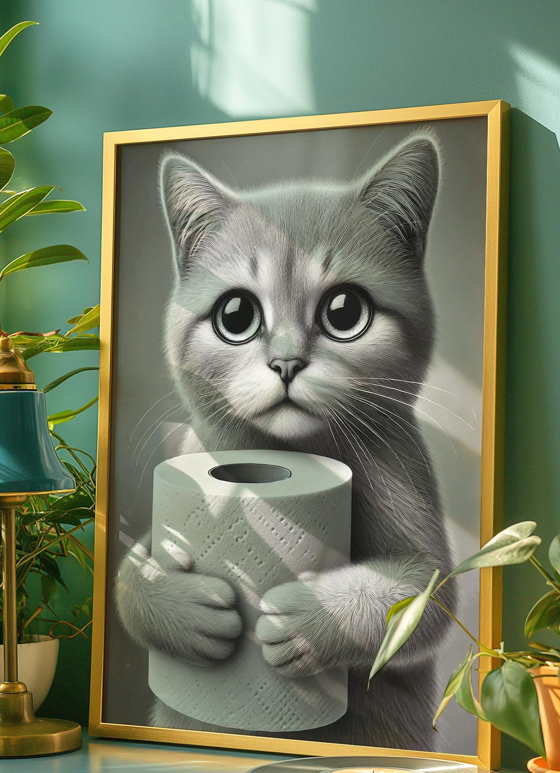 Funny Cat Holding Toilet Paper Bathroom Maximalist Humor Art Poster - Image 4
