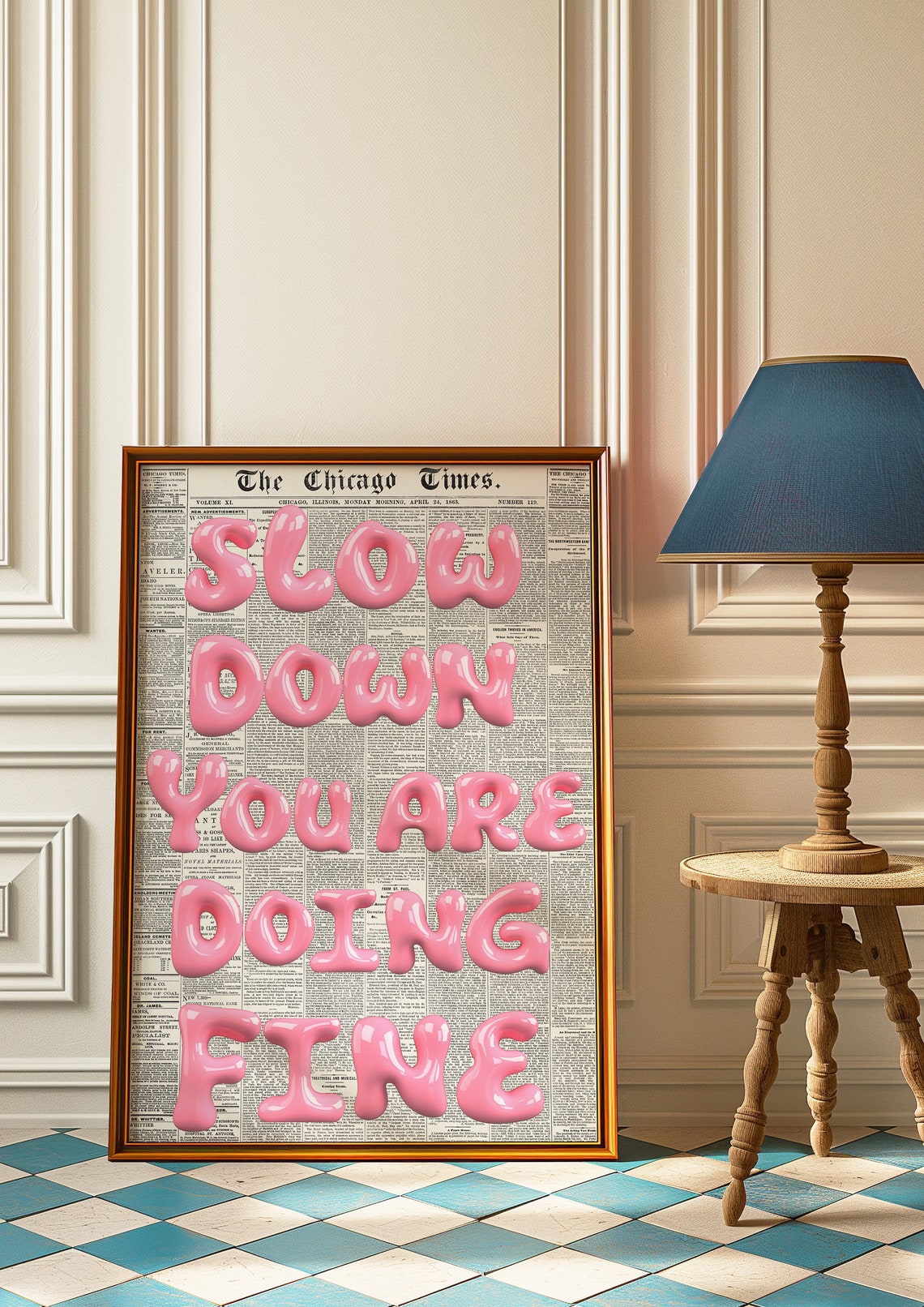 Slow Down You Are Doing Fine Pink Balloon Newspaper Art Poster - Image 2