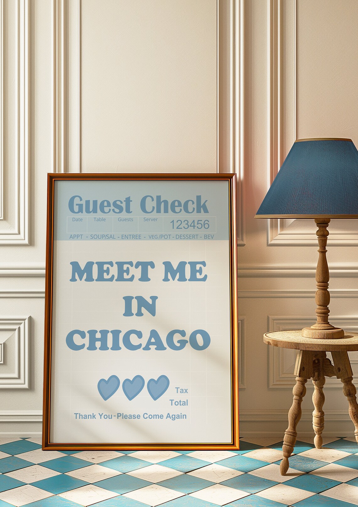 Meet Me In Chicago Light Blue Guest Check Hearts Retro Travel Poster - Image 4