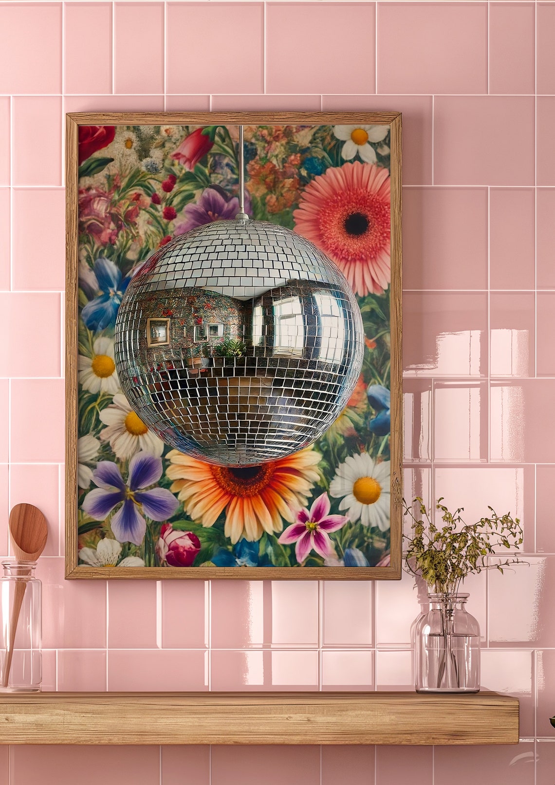 Disco Ball Hanging Floral Garden Colorful Funky Retro Art Poster - Image 2