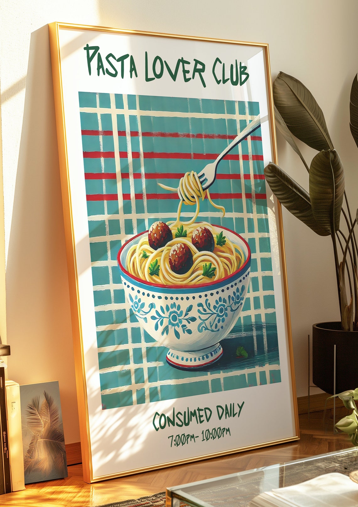 Pasta Lover Club Spaghetti Meatballs Teal Checkered Retro Poster - Image 3