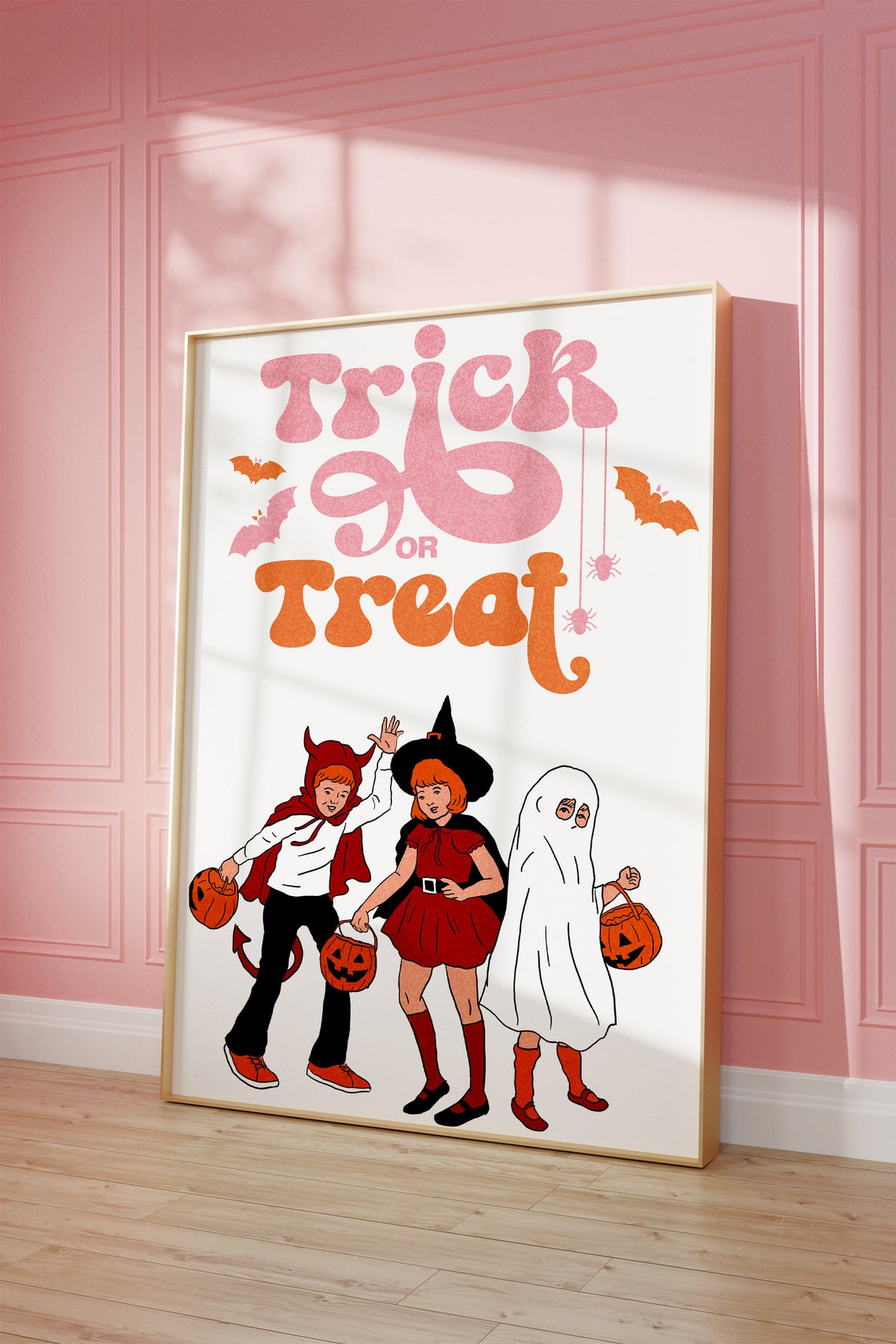 Retro Trick Or Treat Halloween Poster Pink Orange Kids Costume Decor - Image 4