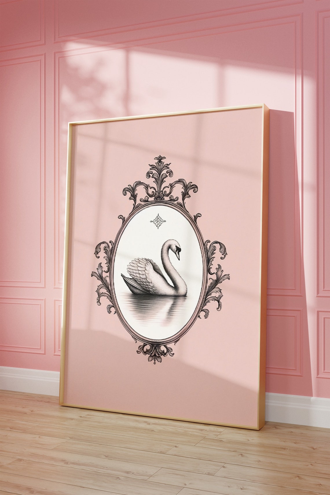 Elegant White Swan Vintage Cameo Blush Pink Ornate Frame Wall Art - Image 3