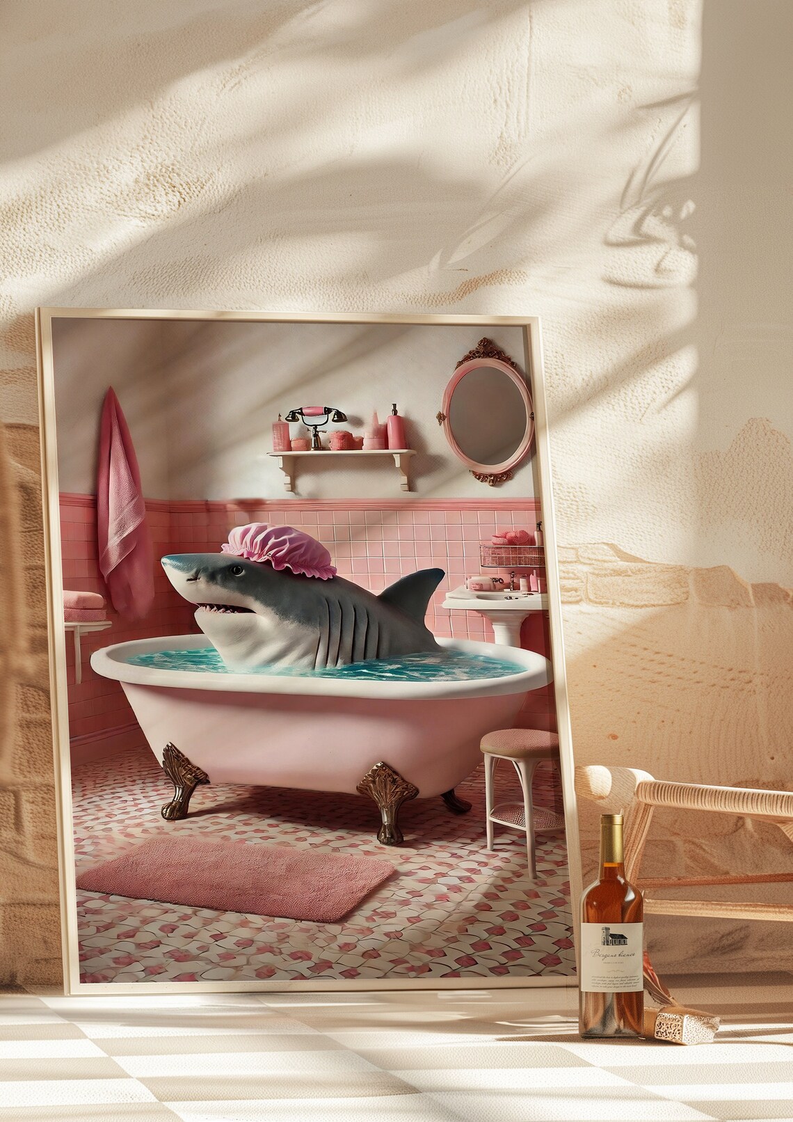 Great White Shark in Pink Tub, Funny Bathroom Art Print - Image 2
