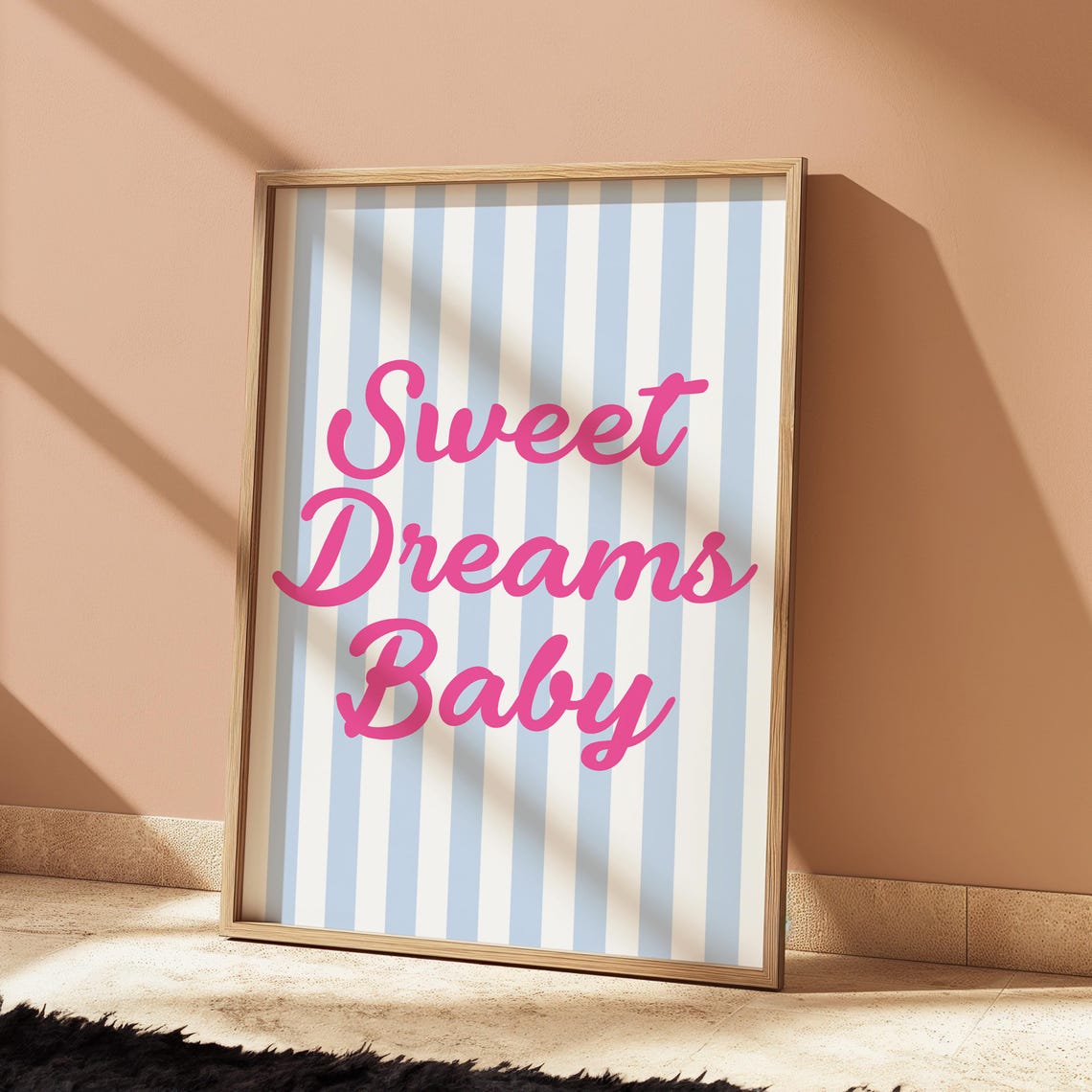 Sweet Dreams Baby Pink Script Poster, Blue Striped Nursery Decor - Image 3