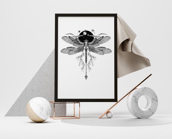 Black And White Dragonfly Cosmic Night Sky Detailed Line Art Poster