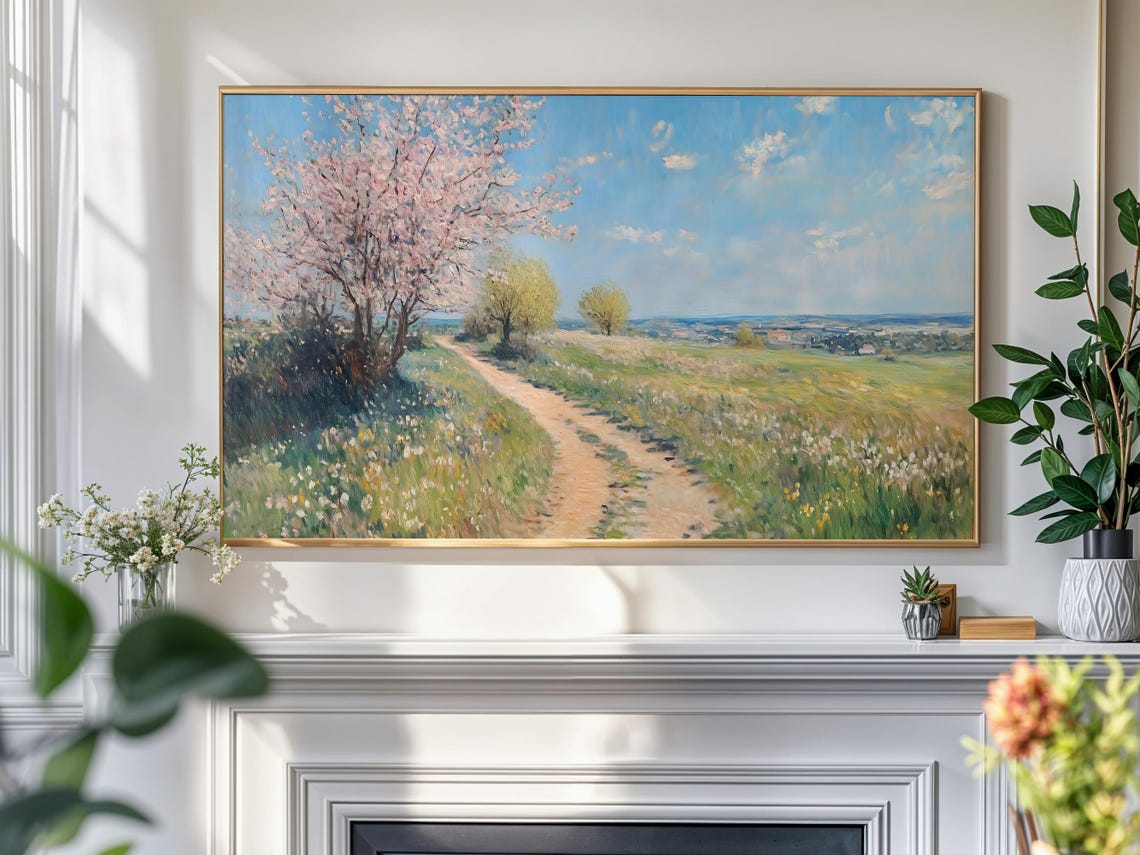 Spring Blossom Trees Path Meadow Vintage Landscape Painting Print - Image 4