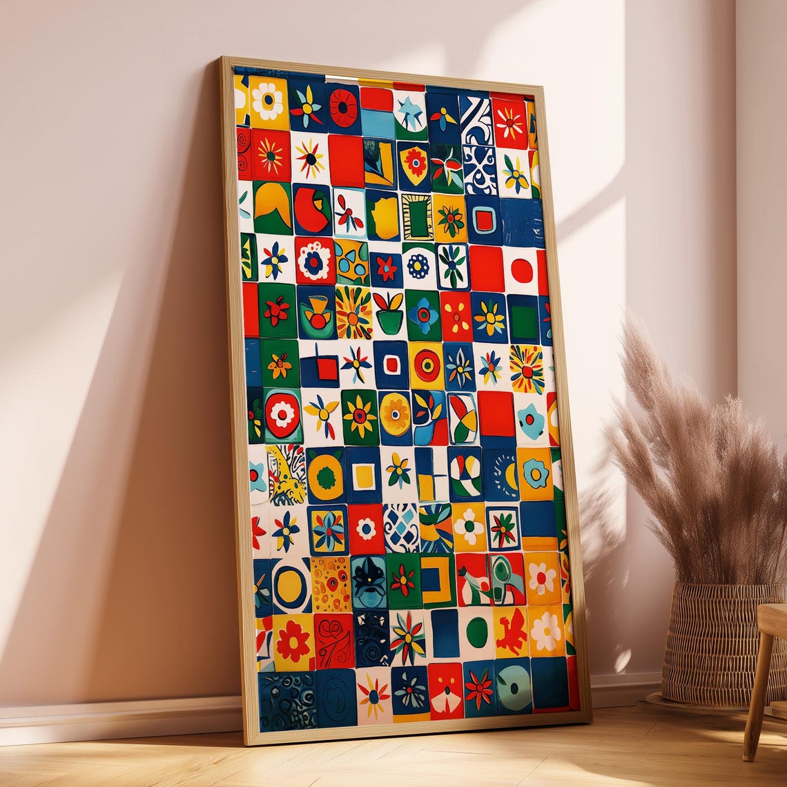 Colorful Patchwork Tile Folk Pattern Squares Modern Art Print