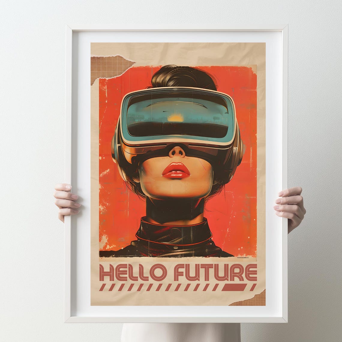 Retro Futuristic Woman in VR Headset Hello Future Sci-Fi Poster