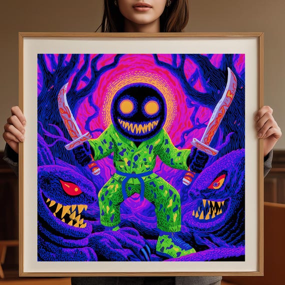 Vibrant Neon Monster with Dual Swords Psychedelic Horror Poster