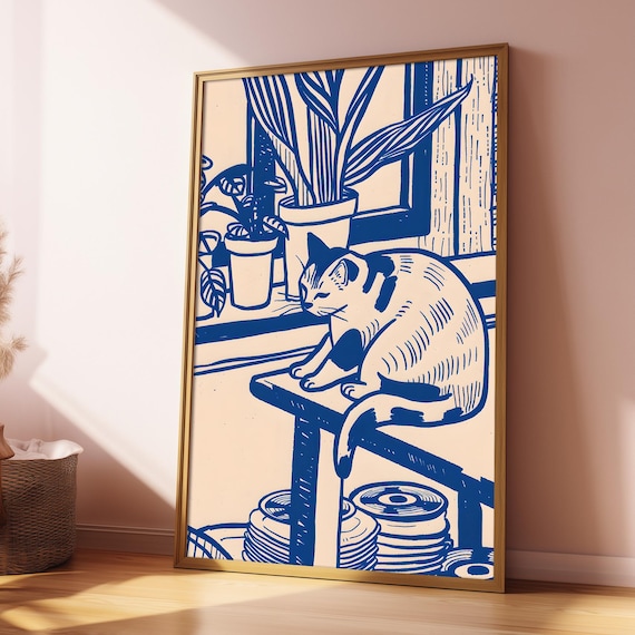 Blue And Cream Linocut Cat Resting By Window With Plants Cozy Poster