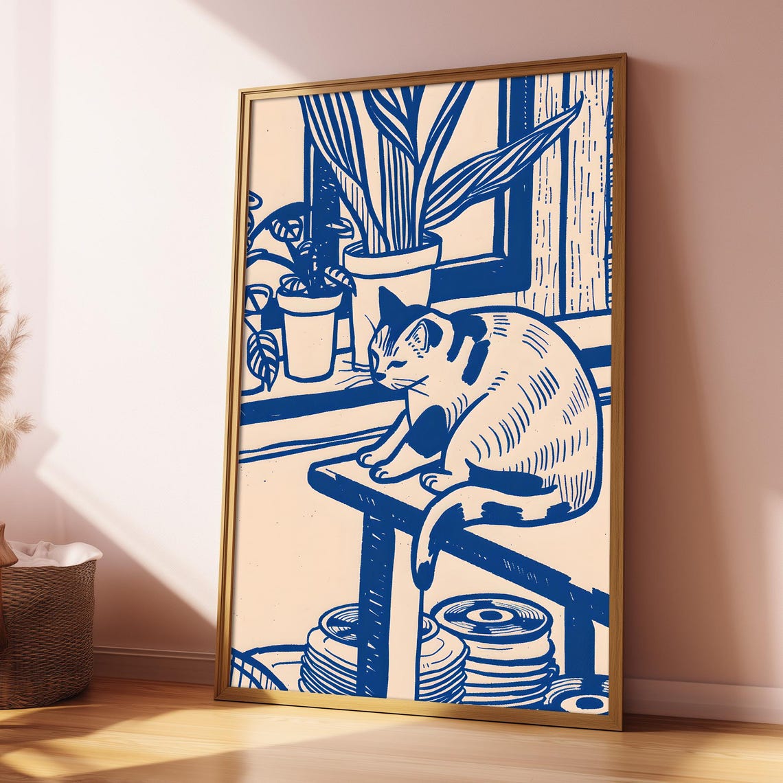 Blue And Cream Linocut Cat Resting By Window With Plants Cozy Poster