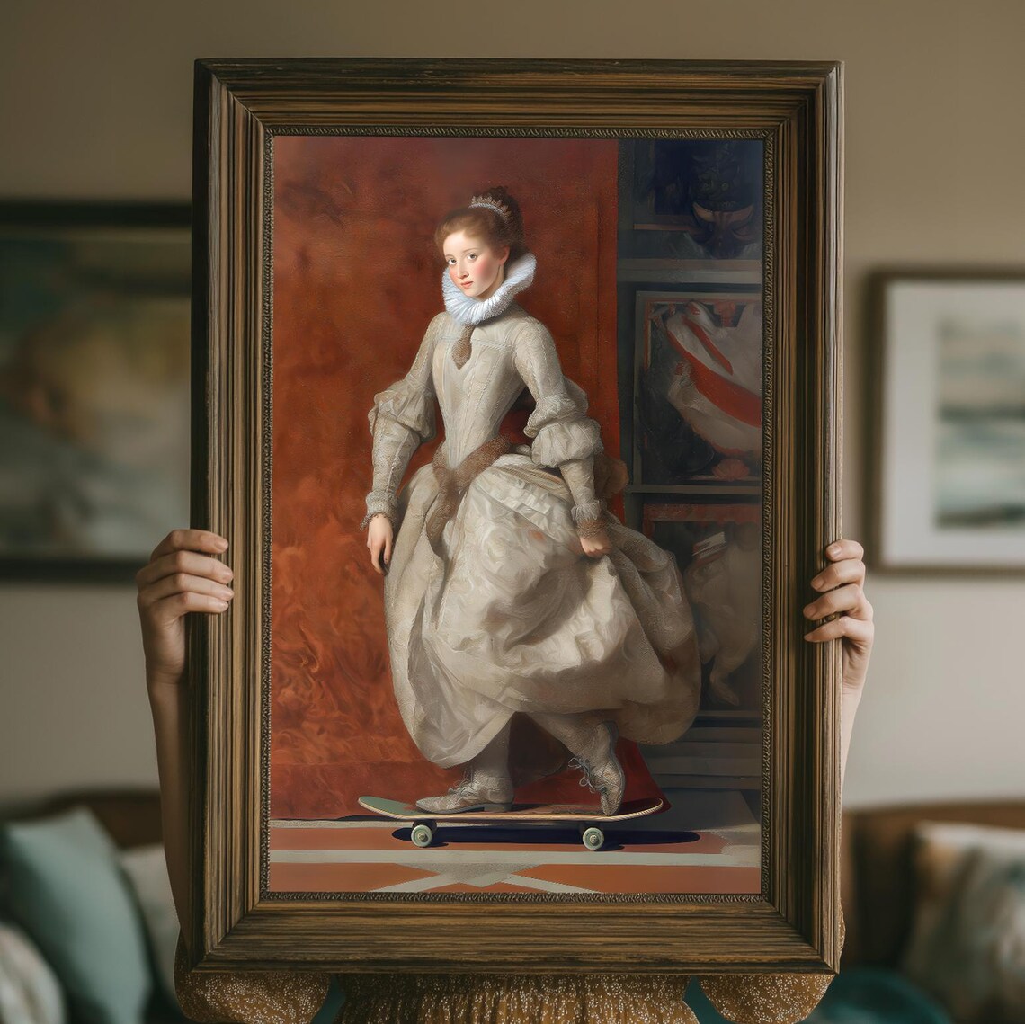 Renaissance Lady Skateboard Funny Poster Baroque Portrait Humor Art