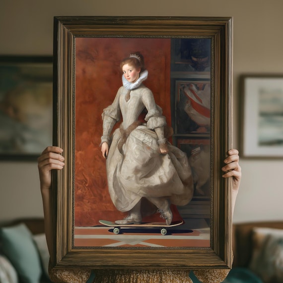 Renaissance Lady Skateboard Funny Poster Baroque Portrait Humor Art