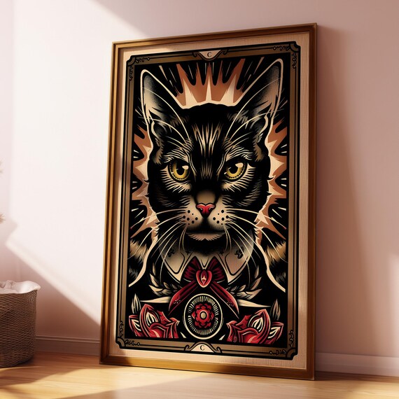 Tarot Card Black Cat Roses Red Bow Gothic Cat Style Art Poster