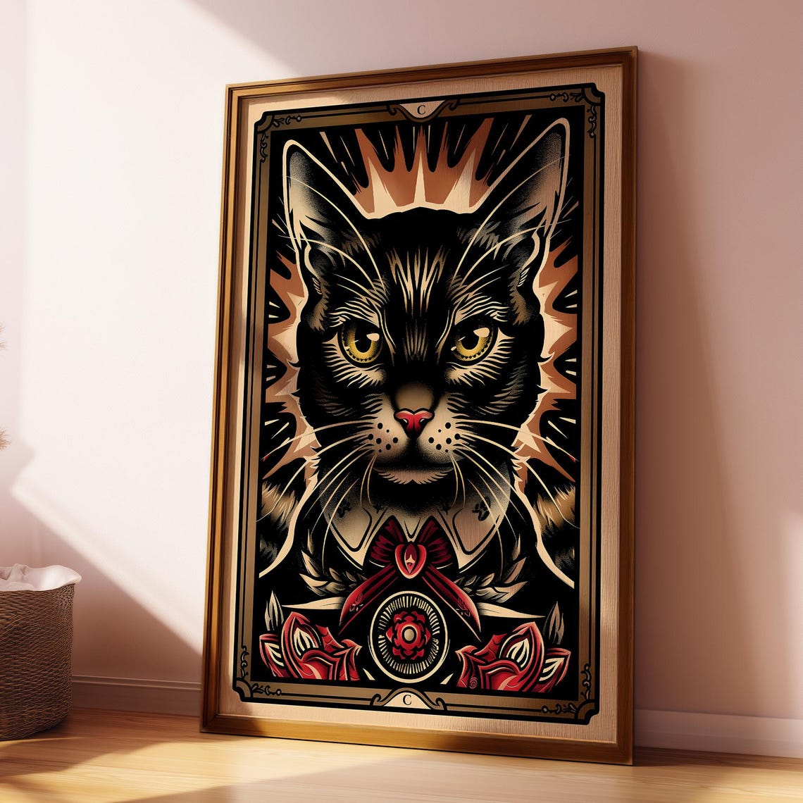 Tarot Card Black Cat Roses Red Bow Gothic Cat Style Art Poster