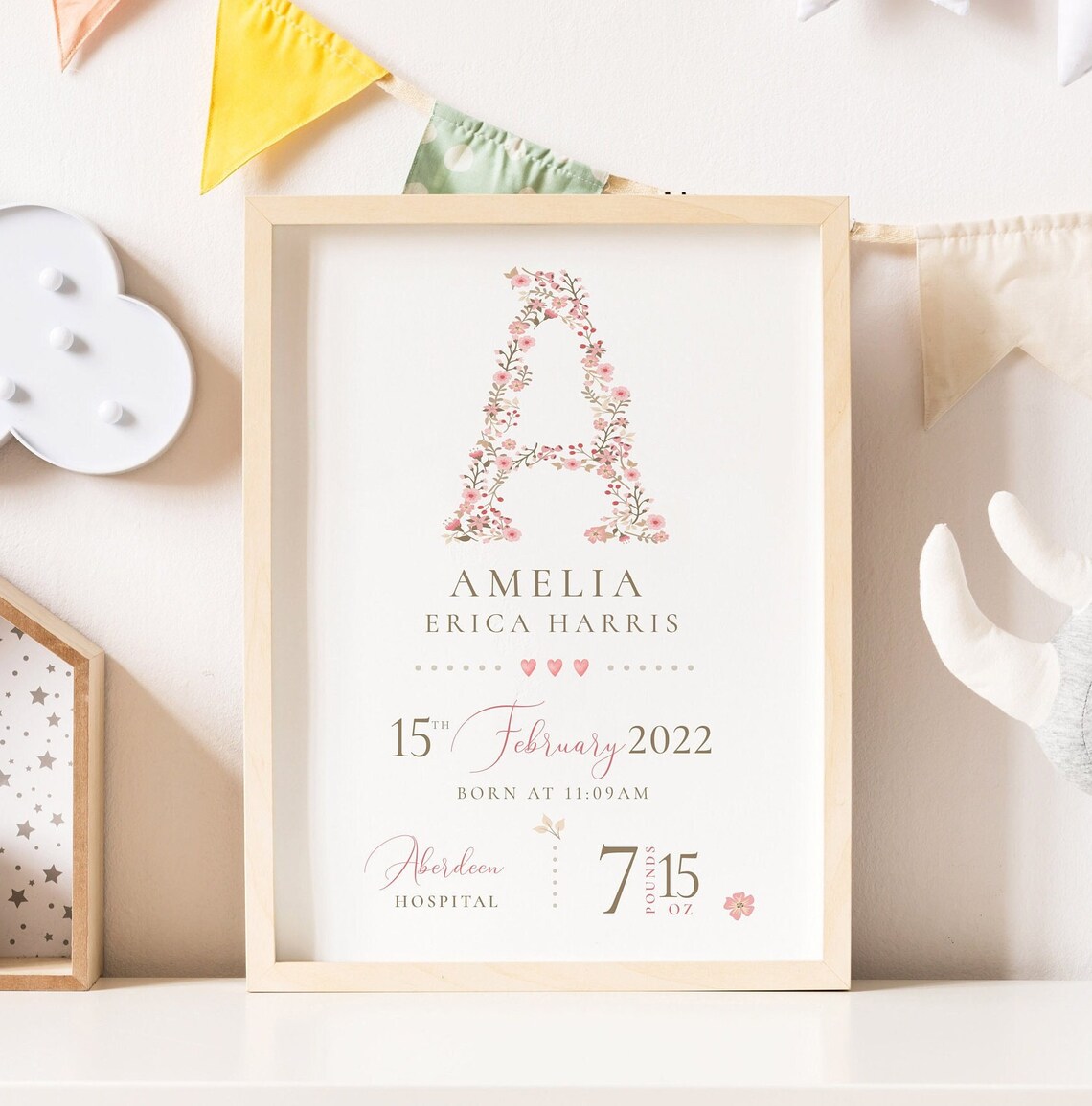 Personalised Baby Girl Birth Details Nursery Print