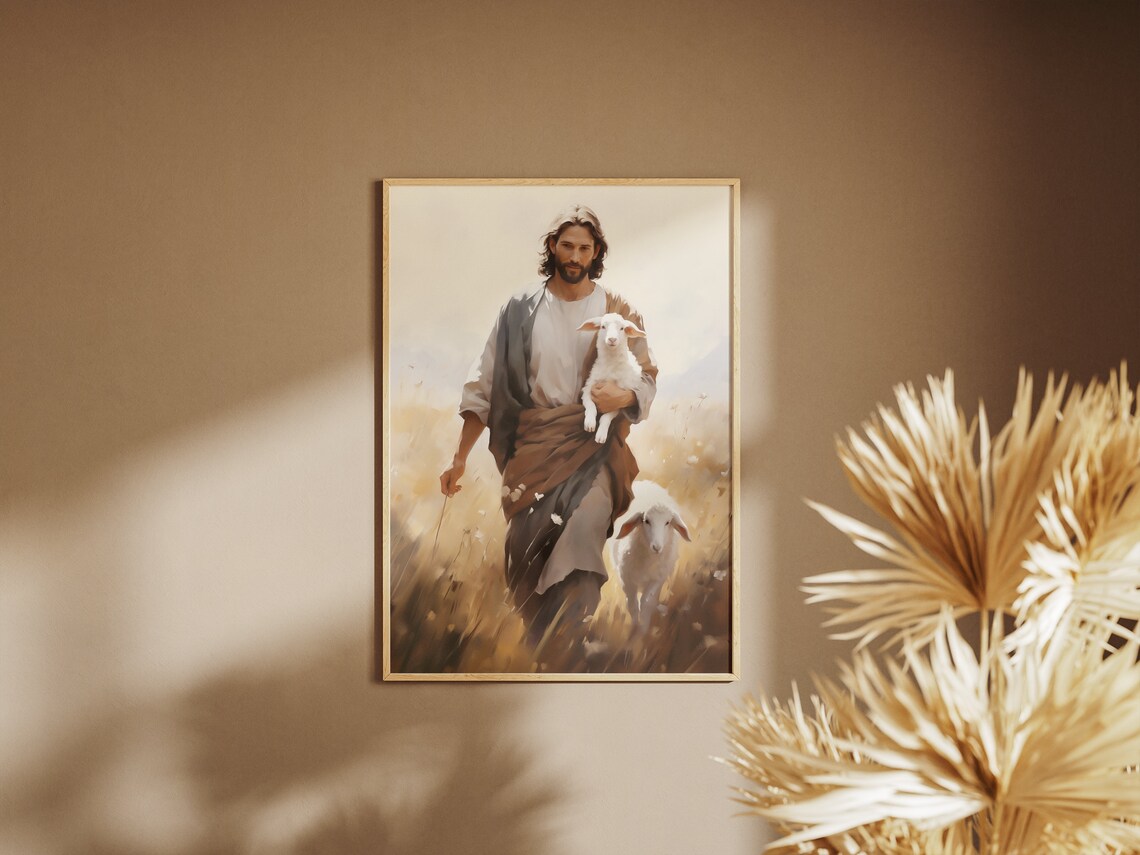Jesus Christ Good Shepherd Carrying Lamb Field Painting Faith Poster - Image 3