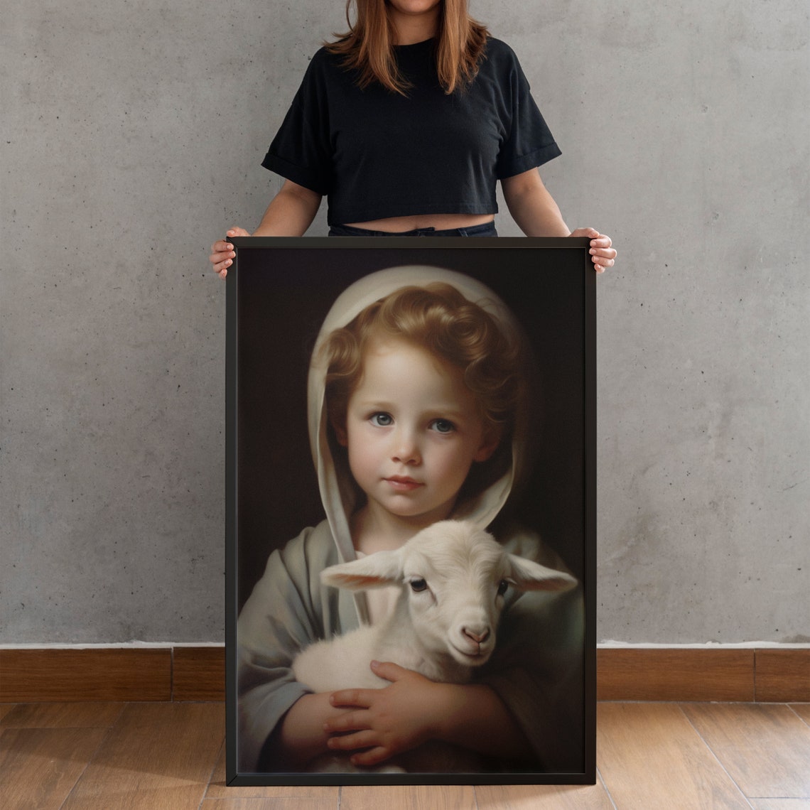 Child Jesus With Lamb Dark Classical Portrait Reverent Art Poster - Image 4