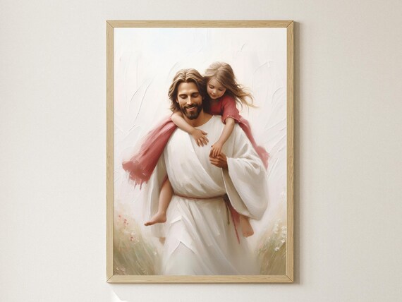 Jesus Carrying Girl on Shoulders Joyful Field Painting Gift Art Poster