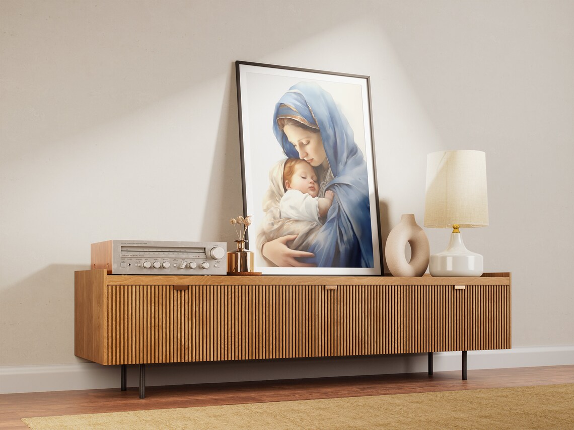 Mary in Blue Veil Holding Baby Jesus Watercolor Sacred Art Poster - Image 3