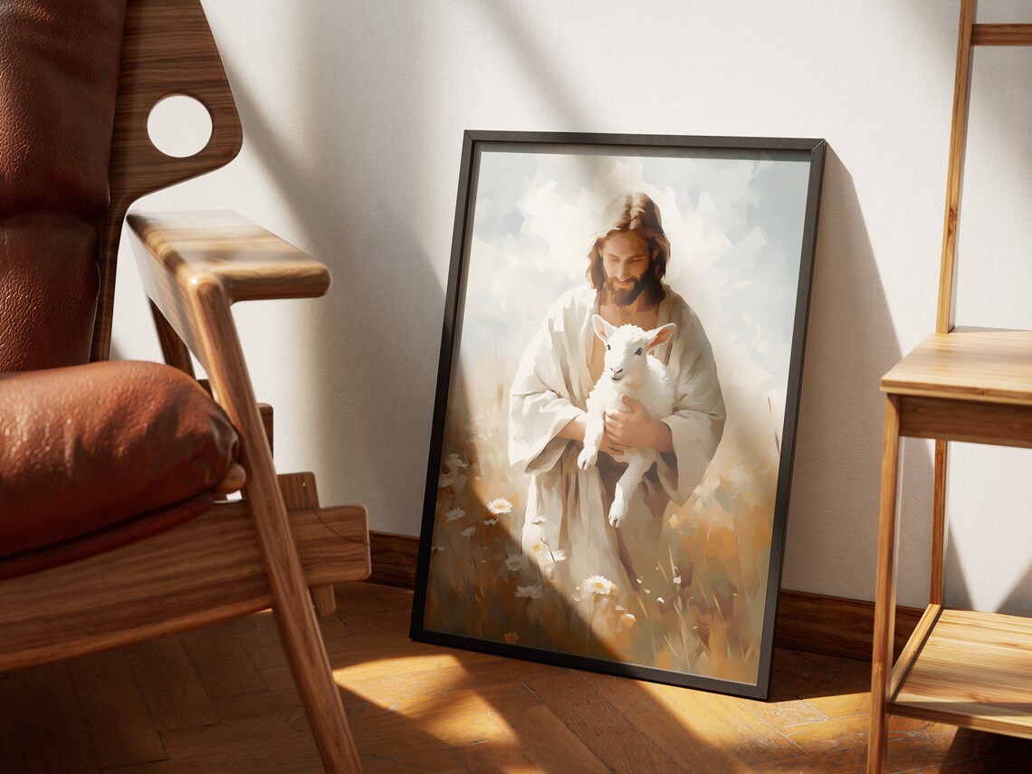 Jesus Holding Lamb in Golden Wheat Field Painterly Art Poster - Image 4