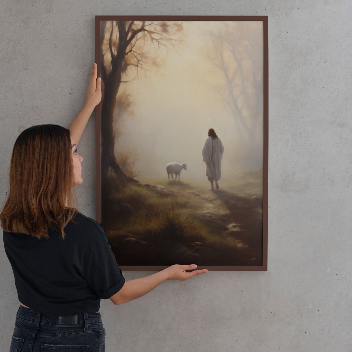 Jesus Christ Good Shepherd Misty Forest Path Lamb Painting Faith Poster - Image 2