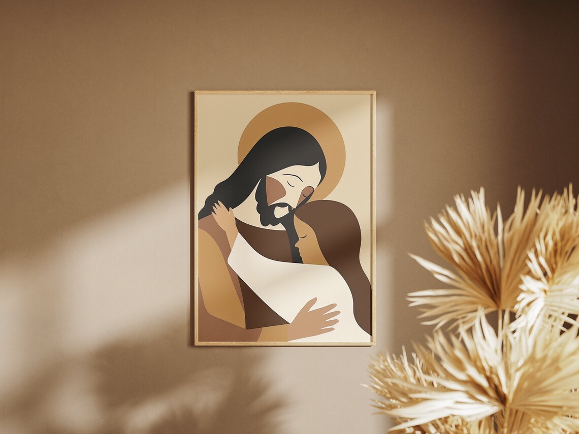 Jesus Hugging Girl Abstract Boho Halo Painting Tender Faith Poster - Image 3