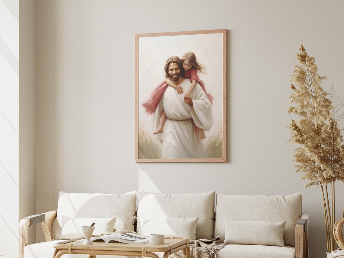 Jesus Carrying Girl on Shoulders Joyful Field Painting Gift Art Poster - Image 3