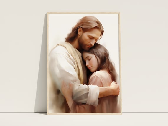 Jesus Hugging Woman Comforting Watercolor Christian Art Poster