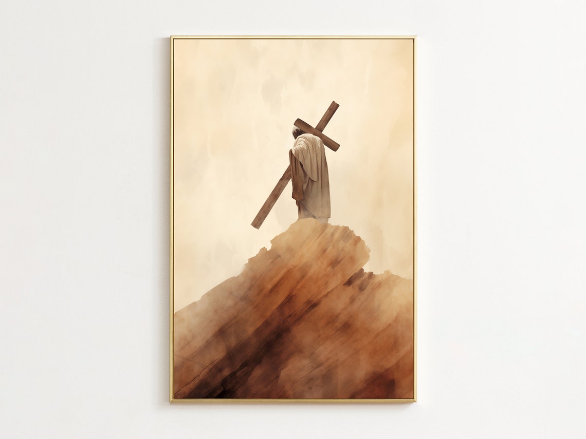 Jesus Carrying Cross Up the Hill Minimalist Beige Art Poster