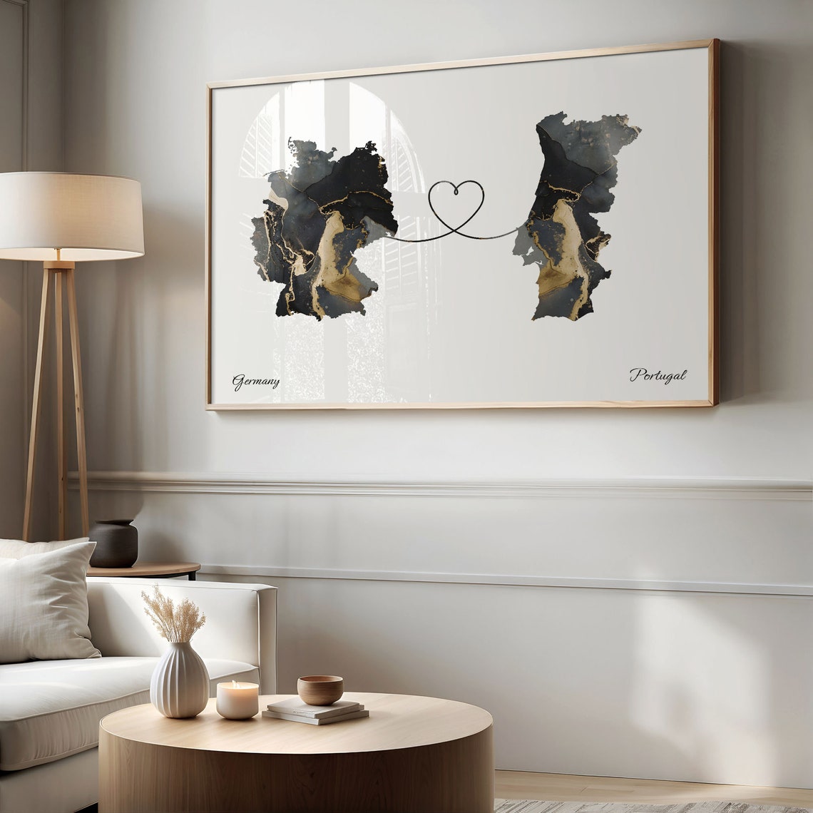 Germany to Portugal Black Gold Marble Heart Connection Map Poster - Image 2
