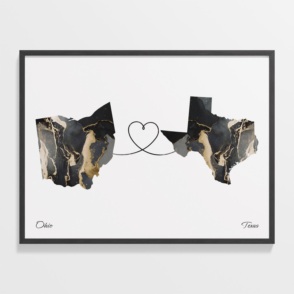 Ohio to Texas Black Gold Marble Map Heart Long Distance Poster