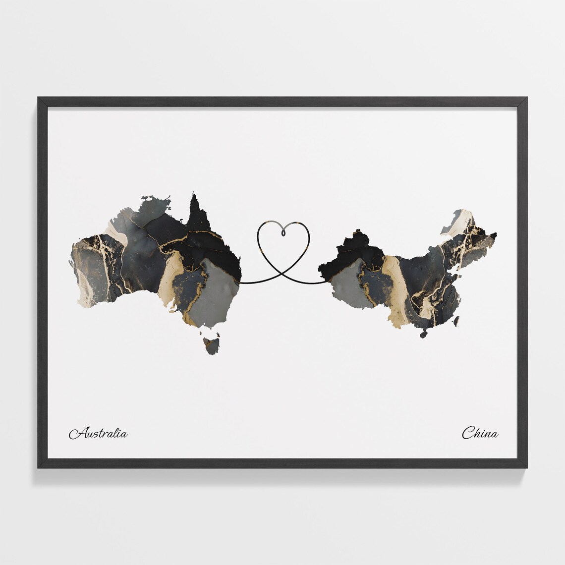 Australia To China Marble Heart Map Two Country Long Distance Gift Poster