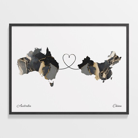 Australia To China Marble Heart Map Two Country Long Distance Gift Poster