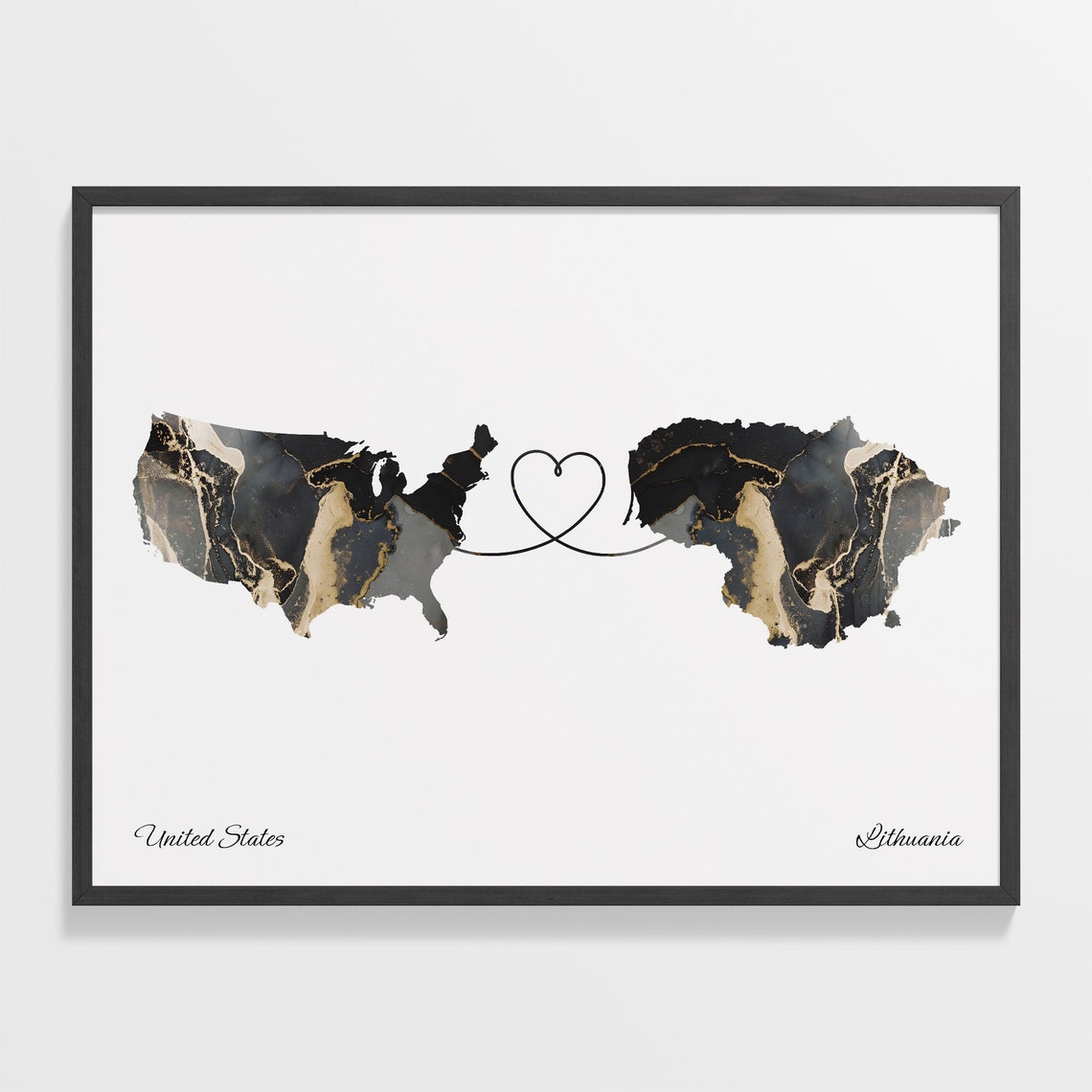 United States Lithuania Love Heart Marble Map Long Distance Poster