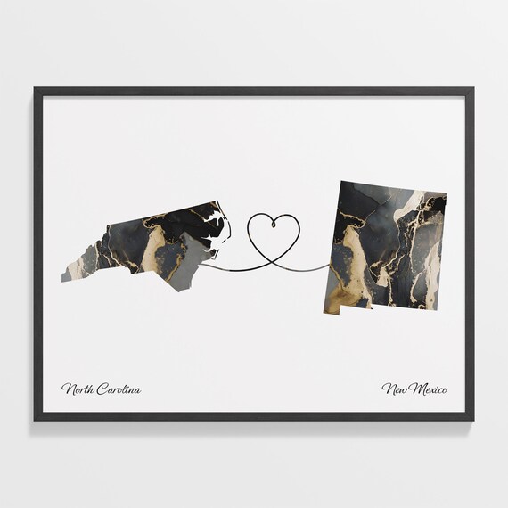 North Carolina New Mexico Long Distance Black Gold Marble Heart Map Poster