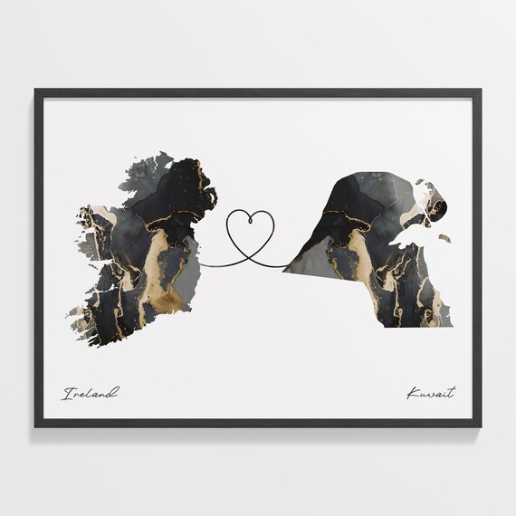 Ireland To Kuwait Modern Marble Effect Two Country Heart Map Poster