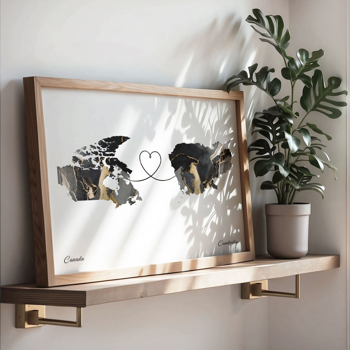 Canada to Cambodia Black Gold Marble Heart Connection Map Poster - Image 3
