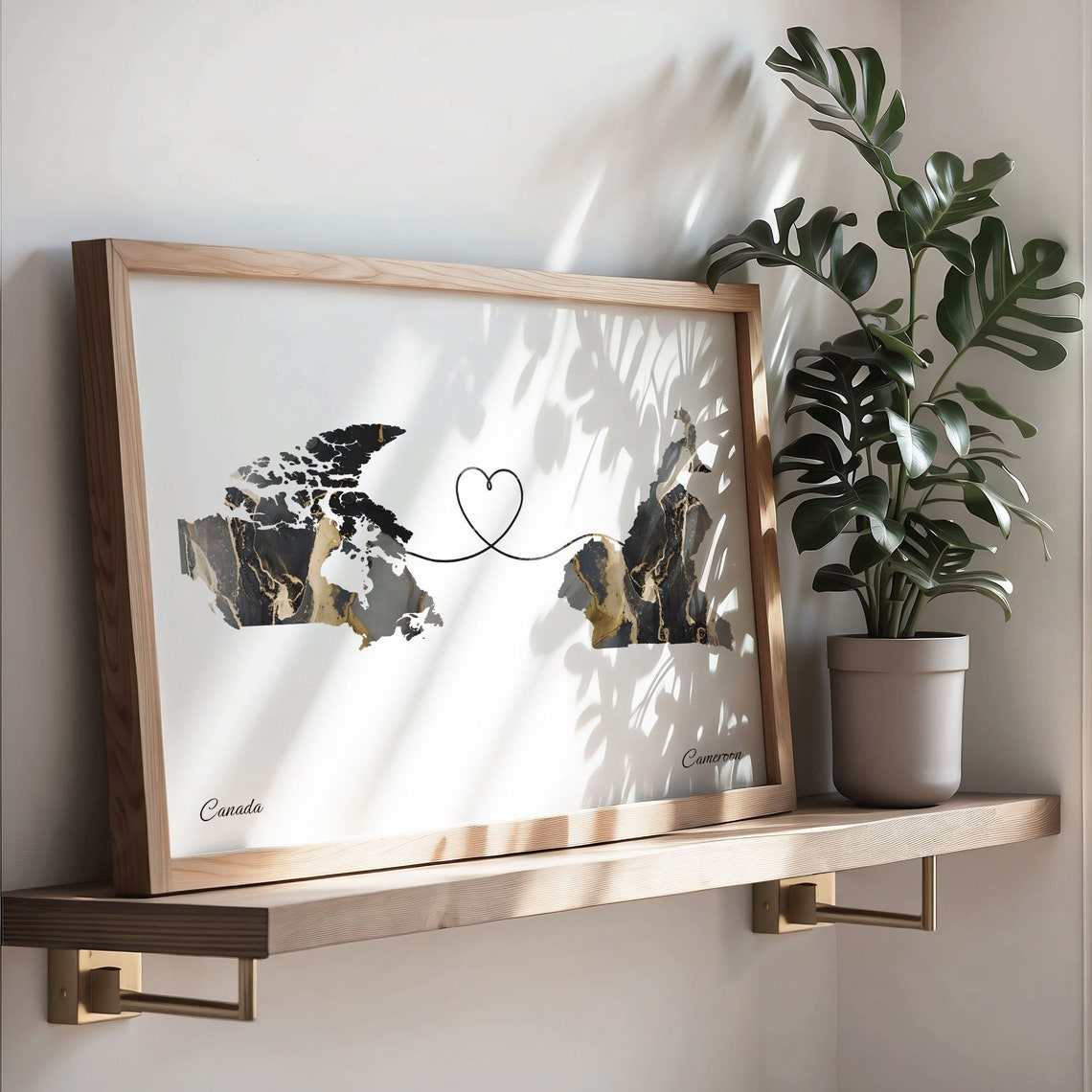 Canada and Cameroon Black Gold Marble Heart Map Connection Poster - Image 3