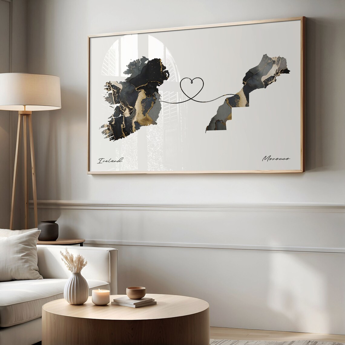 Ireland To Morocco Modern Marble Effect Two Country Heart Map Poster - Image 2