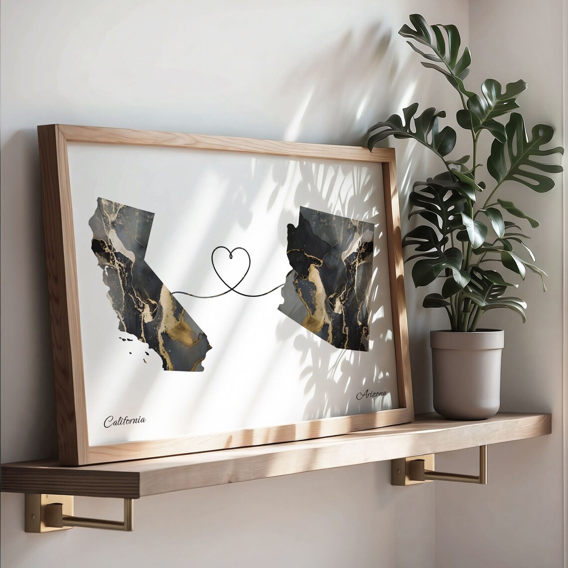 California to Arizona Black Gold Marble Map Heart Line Art Poster - Image 4