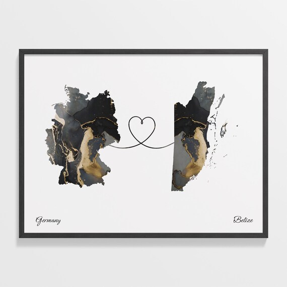 Germany and Belize Marble Heart Connected Countries Map Poster