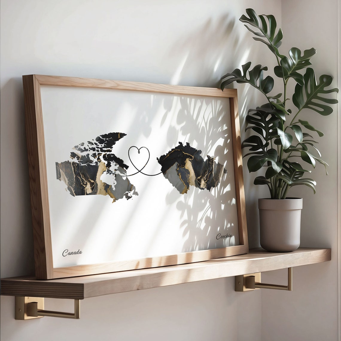 Canada to Czechia Black Gold Marble Heart Connection Map Poster - Image 3