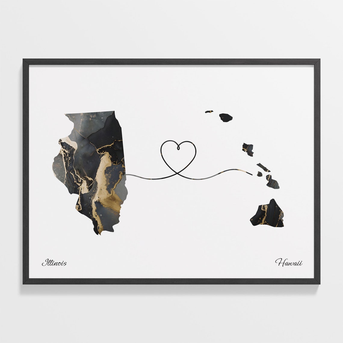 Illinois to Hawaii Black Gold Marble Map Heart Connection Poster