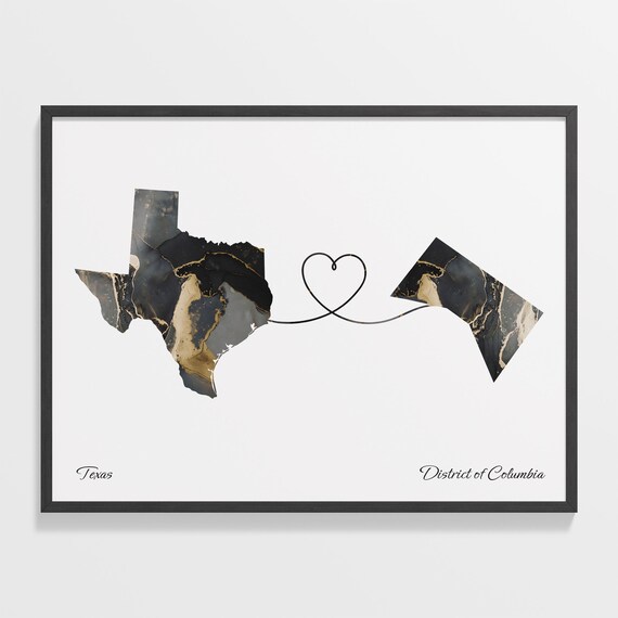 Texas and District of Columbia Black Gold Marble Map Heart Connection Poster