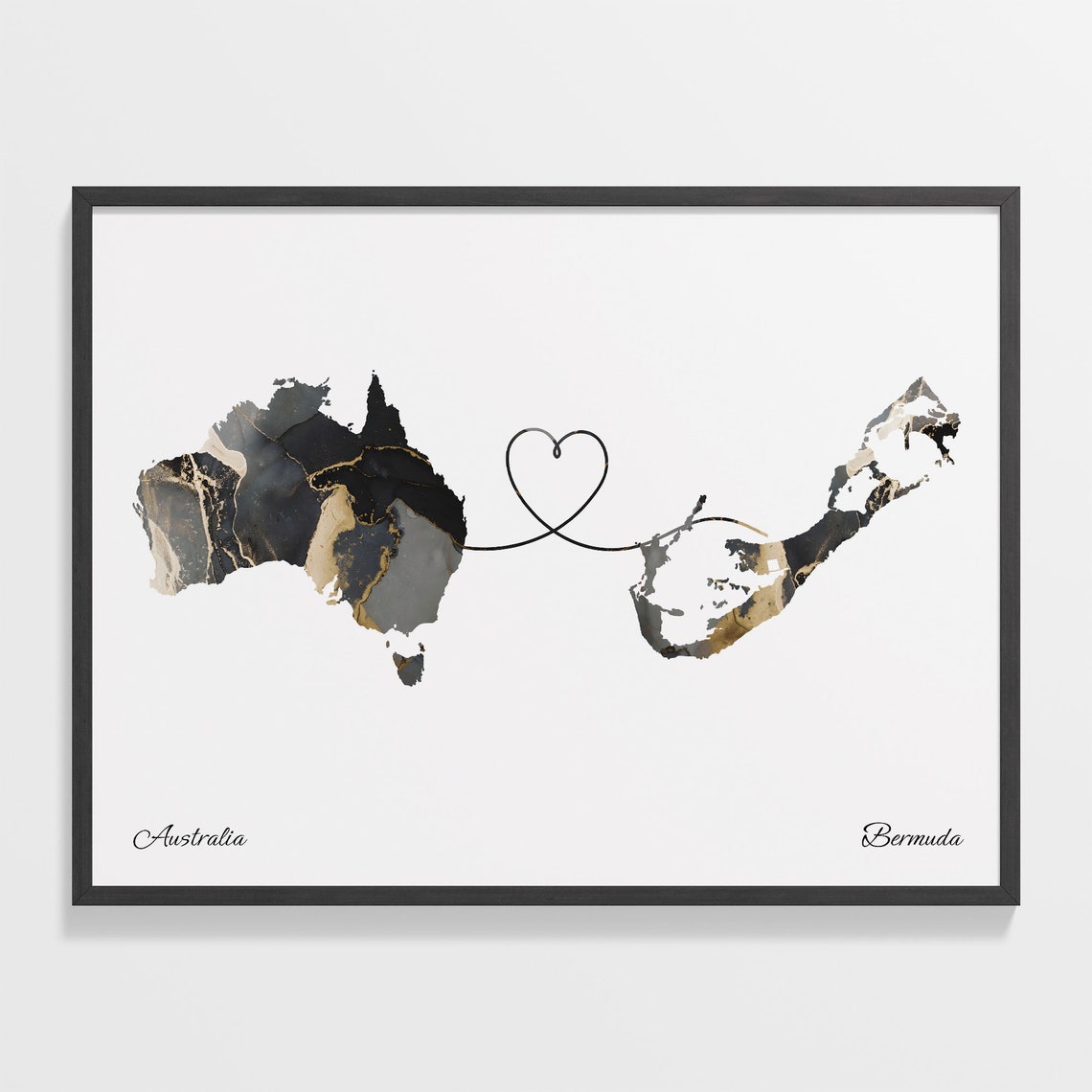 Australia to Bermuda Black Gold Marble Heart Connection Map Poster