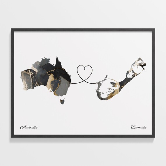 Australia to Bermuda Black Gold Marble Heart Connection Map Poster