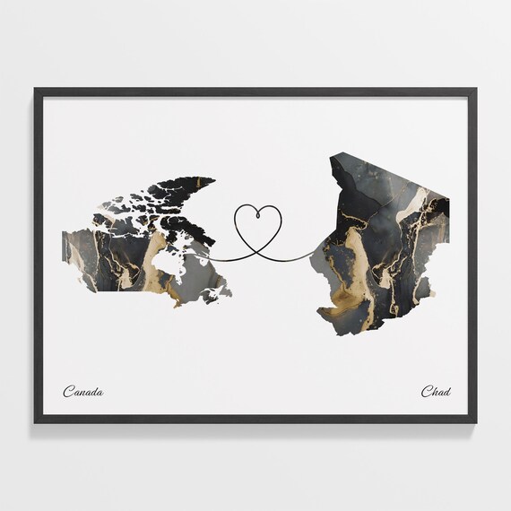 Canada and Chad Heart Connected Two Countries Marble Map Poster